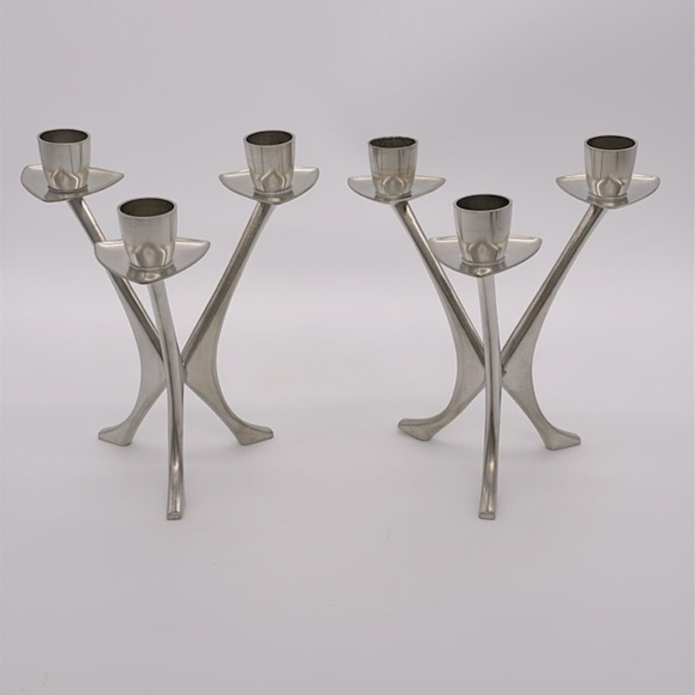 Vintage Pair Of BM Norway Pewter Tripod Candlestick Holders
